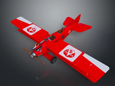 Red Vintage Biplane Model With Double Wings White Emblems And Wooden Propeller 3d model
