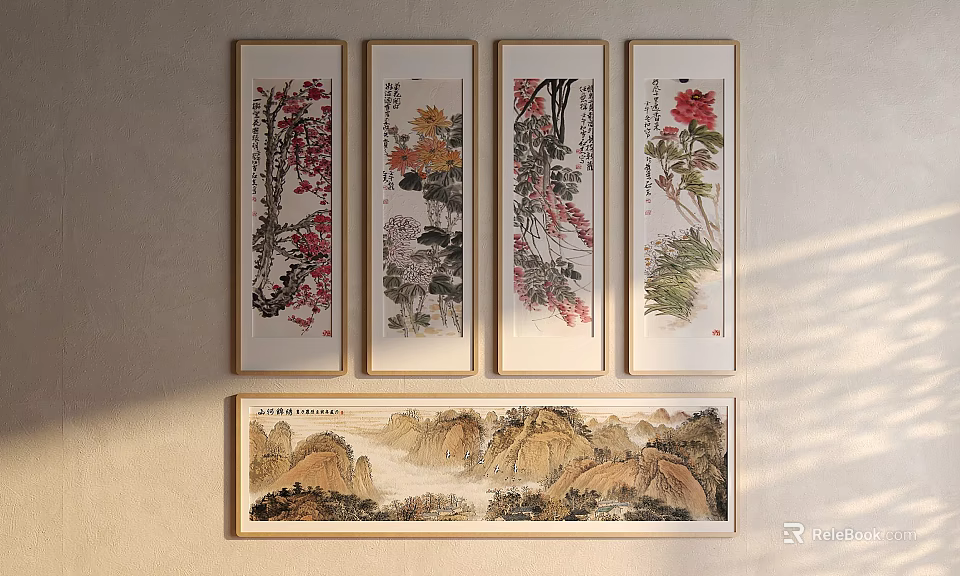 Traditional Chinese Landscape Painting with Framed Flower and Bird Artworks on Interior Wall 3d model 