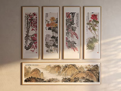 Traditional Chinese Landscape Painting with Framed Flower and Bird Artworks on Interior Wall 3d model