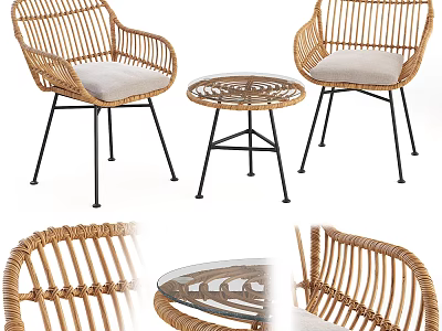 Wicker Chair And Table Set With White Cushions Round Glass Top Black Metal Legs Outdoor 3d model