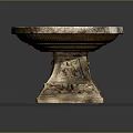 Ornate Ancient Stone Bowl With Intricate Carved Pedestal On Square Base