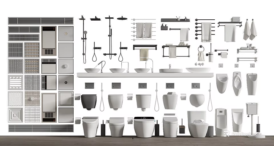 Complete Modern Bathroom Set With Toilets Sinks Shower Systems And Storage Cabinets 3d model