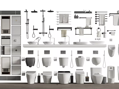 Complete Modern Bathroom Set With Toilets Sinks Shower Systems And Storage Cabinets 3d model