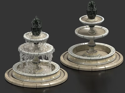 Ornate Multi Tiered Stone Fountains With Circular Base And Cascading Water 3d model
