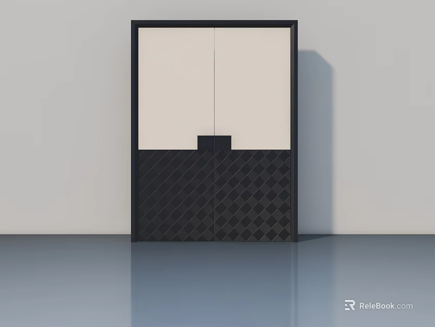 Double Swing Door With Light Upper Section And Dark Diamond Patterned Lower Black Frame 3d model