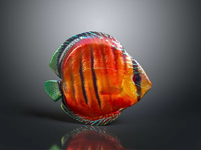 Vibrant Colored Discus Fish with Orange Black Stripes and Green Fins on Dark Background 3d model