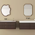 Modern Brown Bathroom Vanity With Double Mirrors Irregular Shaped And Rectangular Gold Framed White Countertops 3d model