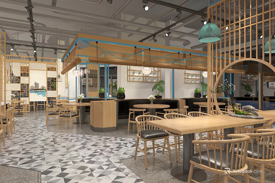 Modern Restaurant Interior With Open Layout Bamboo Structure Green Pendant Lights And Geometric Floor Tiles 3d model 