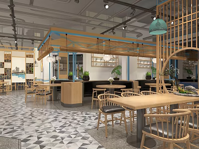 Modern Restaurant Interior With Open Layout Bamboo Structure Green Pendant Lights And Geometric Floor Tiles 3d model