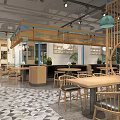 Modern Restaurant Interior With Open Layout Bamboo Structure Green Pendant Lights And Geometric Floor Tiles