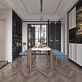 Modern Minimalist Dining And Living Area Interior With Herringbone Flooring Wooden Table And Blue Bench