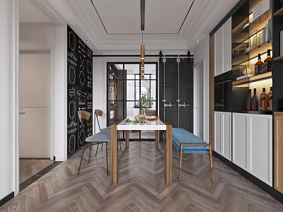Modern Minimalist Dining And Living Area Interior With Herringbone Flooring Wooden Table And Blue Bench 3d model