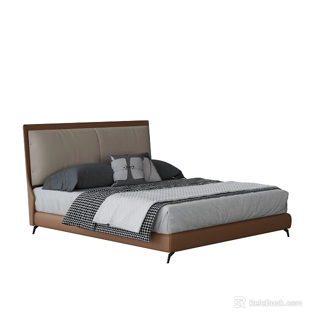 Modern Double Bed With Leather Headboard Brown Light Gray Pillows And Blanket 3d model