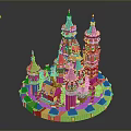 Festive Christmas Castle Model With Red Spires Towers Green Decorations Candies Snowflakes On Circular Base