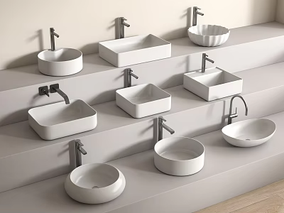 White Washbasins With Various Shapes And Faucets On Tiered Platforms 3d model