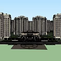 Modern High Rise Apartment Buildings With Symmetric Facade Evening Lighting Water Feature And Landscaped Entrance
