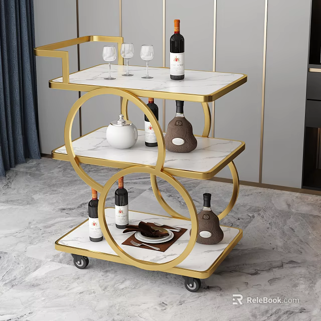 Elegant Storage Trolley with Gold Frame Three Tier Marble Top and Wine Bottles Wine Glasses 3d model 