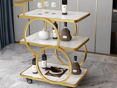 Elegant Storage Trolley with Gold Frame Three Tier Marble Top and Wine Bottles Wine Glasses 3d model