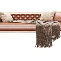 Tufted Brown Leather Sectional Sofa With Wooden Legs Decorative Pillows and Throw Blanket