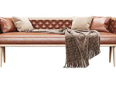 Tufted Brown Leather Sectional Sofa With Wooden Legs Decorative Pillows and Throw Blanket 3d model