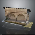 Ancient Stone Structure Model Featuring Arched Doorways Tiled Roof And Grass Base