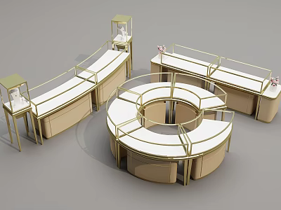 Elegant Jewelry Display Counters with Curved and Circular Designs Golden Frames and White Countertops 3d model