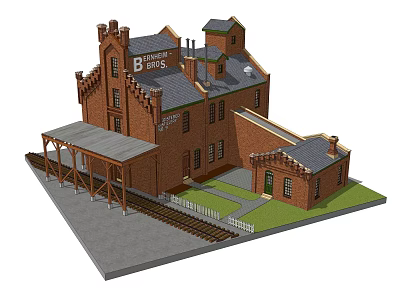 Industrial Factory With Red Brick Structure Multiple Towers Grey Roof And B & W Signage 3d model