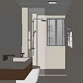 Modern Minimalist Bathroom Interior With White Tiles Shower Area Toilet And Wooden Vanity