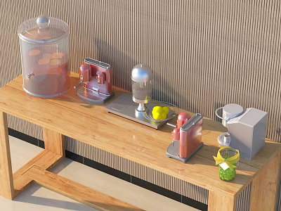 Kitchen Appliances With Blender Red Machine Container And Yellow Fruit On Wooden Table 3d model