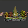 Circular Miniature Landscape Architecture With Small Bridge Blue Stream Colorful Trees And Stone Edges