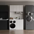 Modern Laundry Room Interior With Multicolored Cabinets Washing Machines And Dryers
