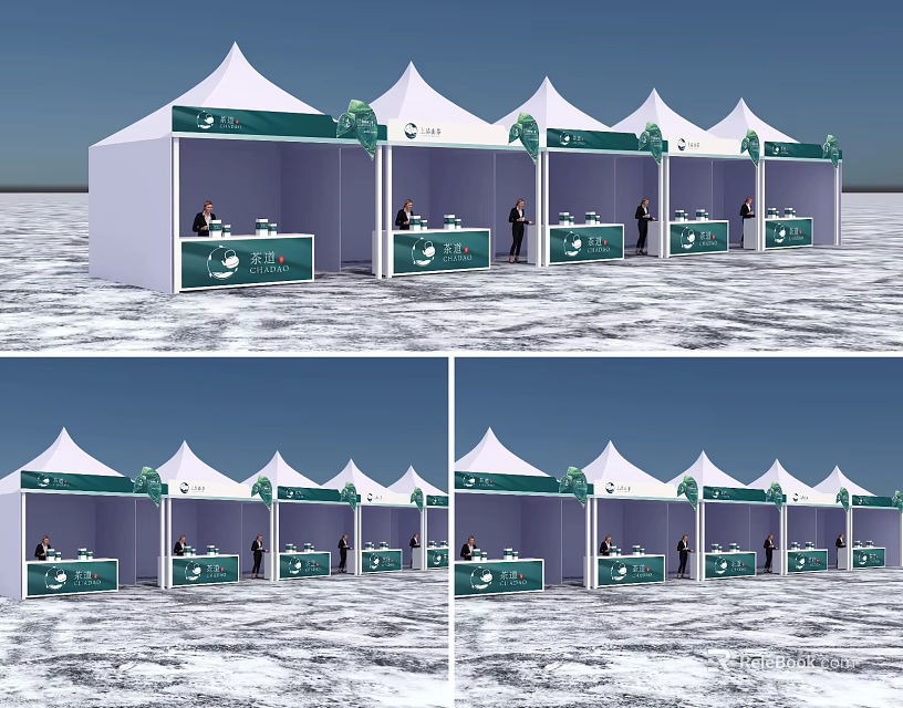 White Exhibition Tents Featuring Green Decorations and Booth Tables 3d model 