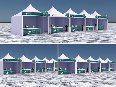 White Exhibition Tents Featuring Green Decorations and Booth Tables 3d model