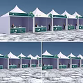 White Exhibition Tents Featuring Green Decorations and Booth Tables