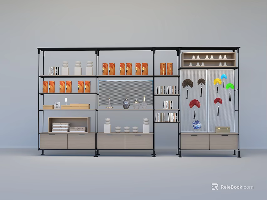 Modern Multi tiered Display Shelving With Retail Products And Storage Cabinets 3d model