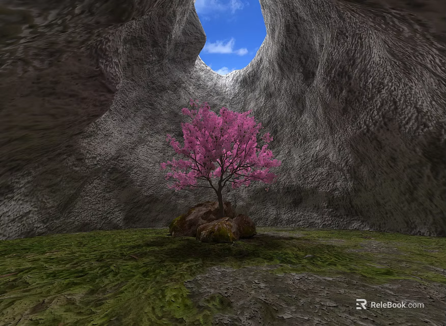 Scenic Cave Landscape With Top Opening Blue Sky Pink Flowering Tree Rock Walls And Greenery 3d model 