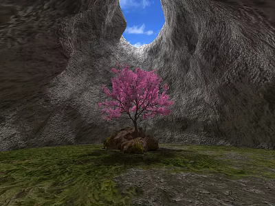 Scenic Cave Landscape With Top Opening Blue Sky Pink Flowering Tree Rock Walls And Greenery 3d model