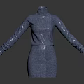 Blue Ribbed Knit Turtleneck Dress With Long Sleeves For Women