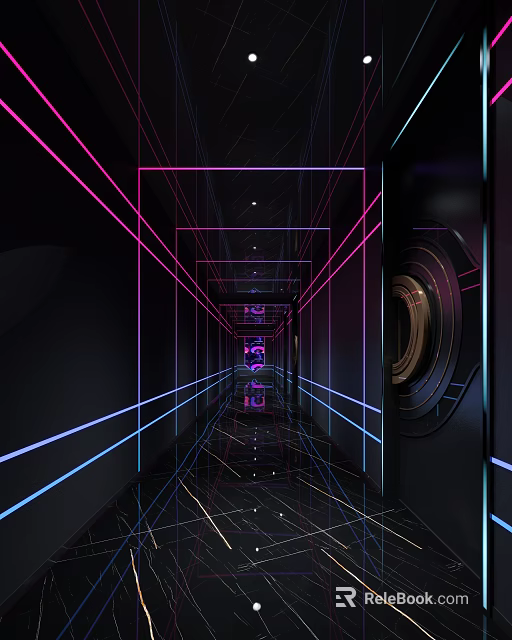 Futuristic KTV Corridor With Purple Blue Neon Lights Geometric Lines And Stylish Modern Vibe 3d model 
