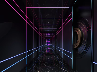 Futuristic KTV Corridor With Purple Blue Neon Lights Geometric Lines And Stylish Modern Vibe 3d model