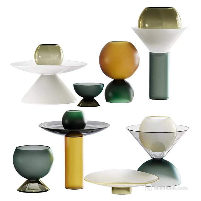 Assorted Color Glass Decorative Ornament Set With Spherical Cylindrical And Bowl Shaped Pieces 3d model 