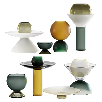 Assorted Color Glass Decorative Ornament Set With Spherical Cylindrical And Bowl Shaped Pieces 3d model
