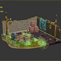 Cartoon Scene with Brick Walls Barrels Flag Street Lamps Gravestones Grass and Wooden Fences