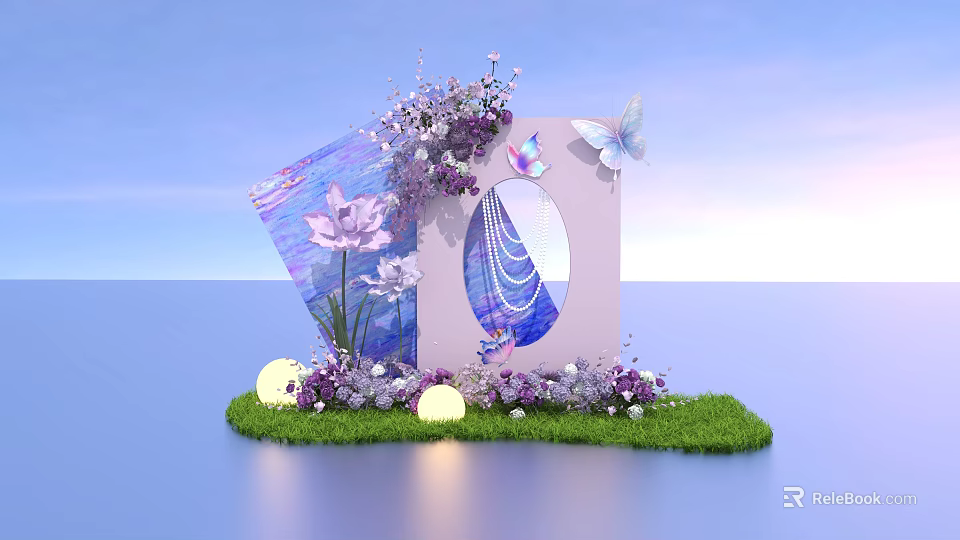 Art Installation With Purple Pink Flowers Butterflies Circular Decor Green Grass And Glowing Lights 3d model 