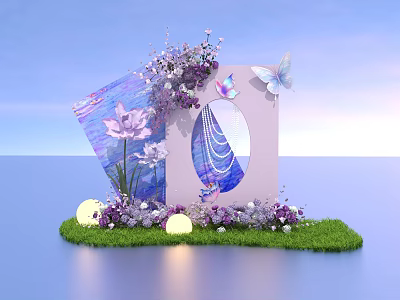 Art Installation With Purple Pink Flowers Butterflies Circular Decor Green Grass And Glowing Lights 3d model