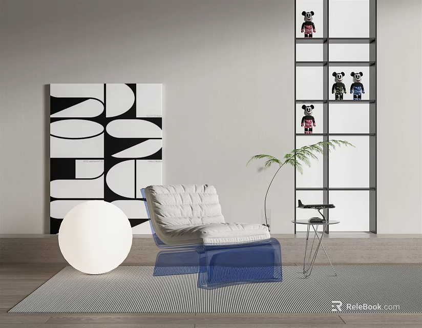 Modern Interior Featuring White And Blue Lazy Sofa Round Floor Lamp And Geometric Decor 3d model 