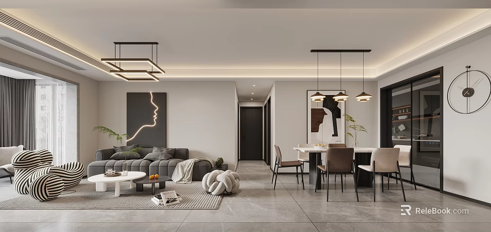 Modern Living and Dining Room with Sofa Dining Table Wall Art and Pendant Lights 3d model 