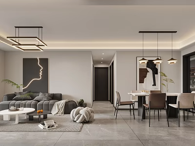 Modern Living and Dining Room with Sofa Dining Table Wall Art and Pendant Lights 3d model