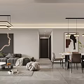 Modern Living and Dining Room with Sofa Dining Table Wall Art and Pendant Lights