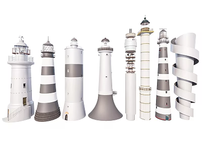 Garden Ornaments Lighthouse Models With Various White Gray Striped Spiral And Cylindrical Shapes 3d model